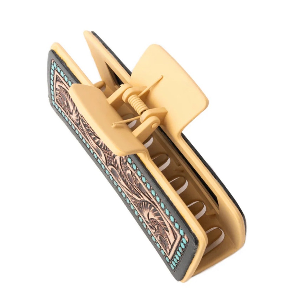 Myra Hair Large Comb Clip In Hand Tooled Leather accented in Yellow- NWT - Picture 3 of 4